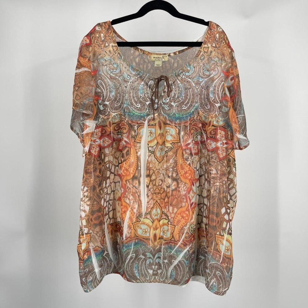 Y2K Boho Rhinestone Paisley Top 1X Peasant Blouse Fairy Summer Beachy Plus Size